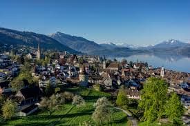 Zug, Switzerland with lake and mountains