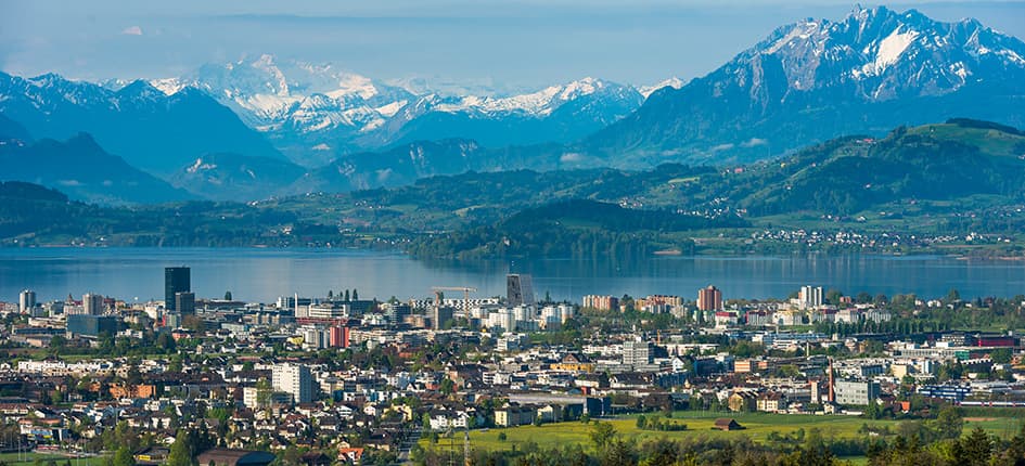 Zug, Switzerland with Lake Zug and Alps