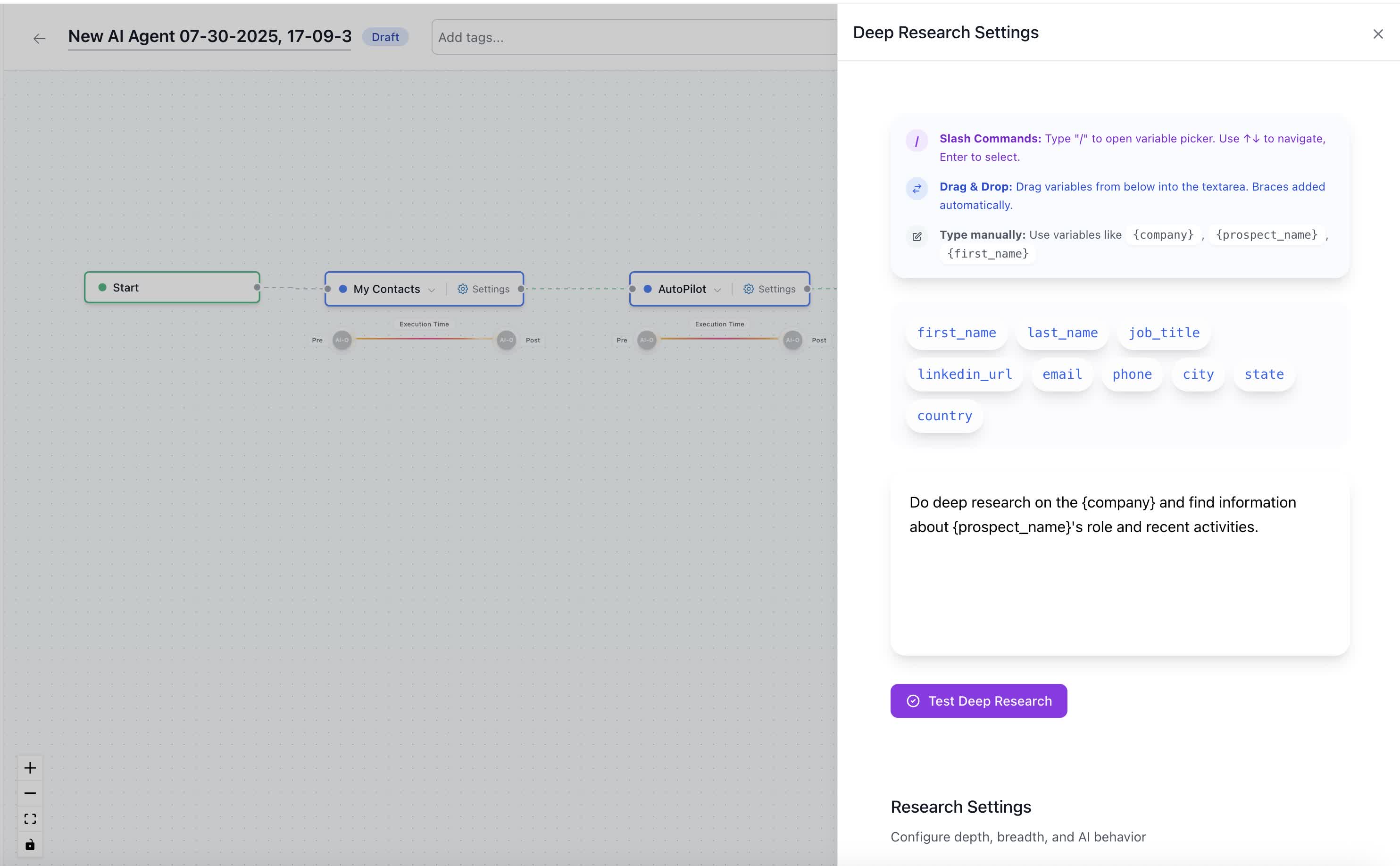 Deep Research settings panel inside the agent builder