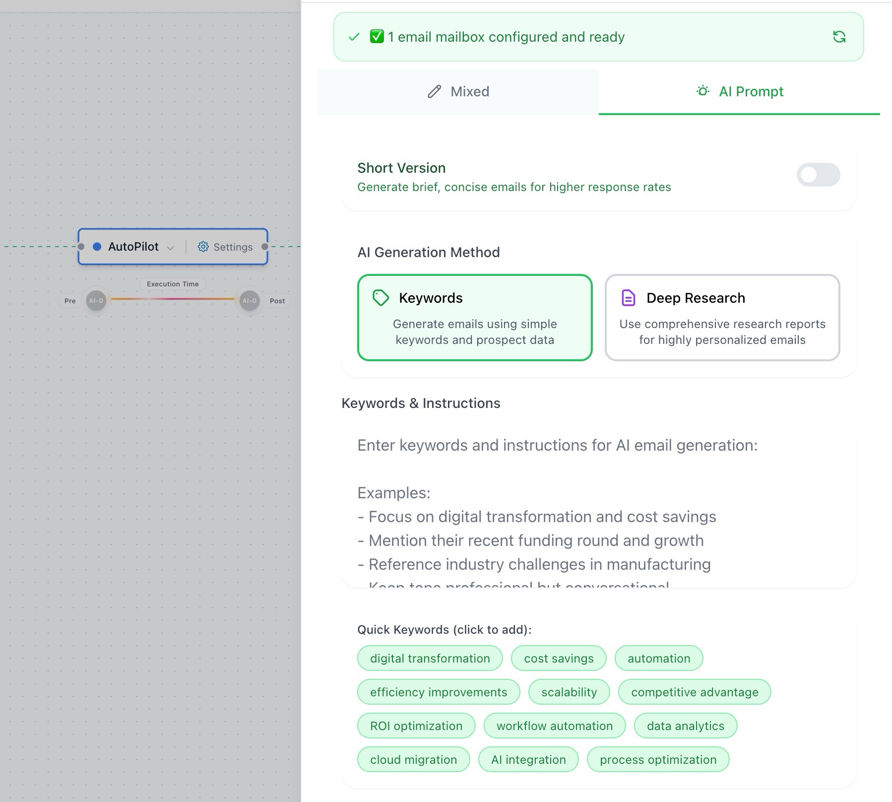 AI-drafted outreach email in the sequence builder