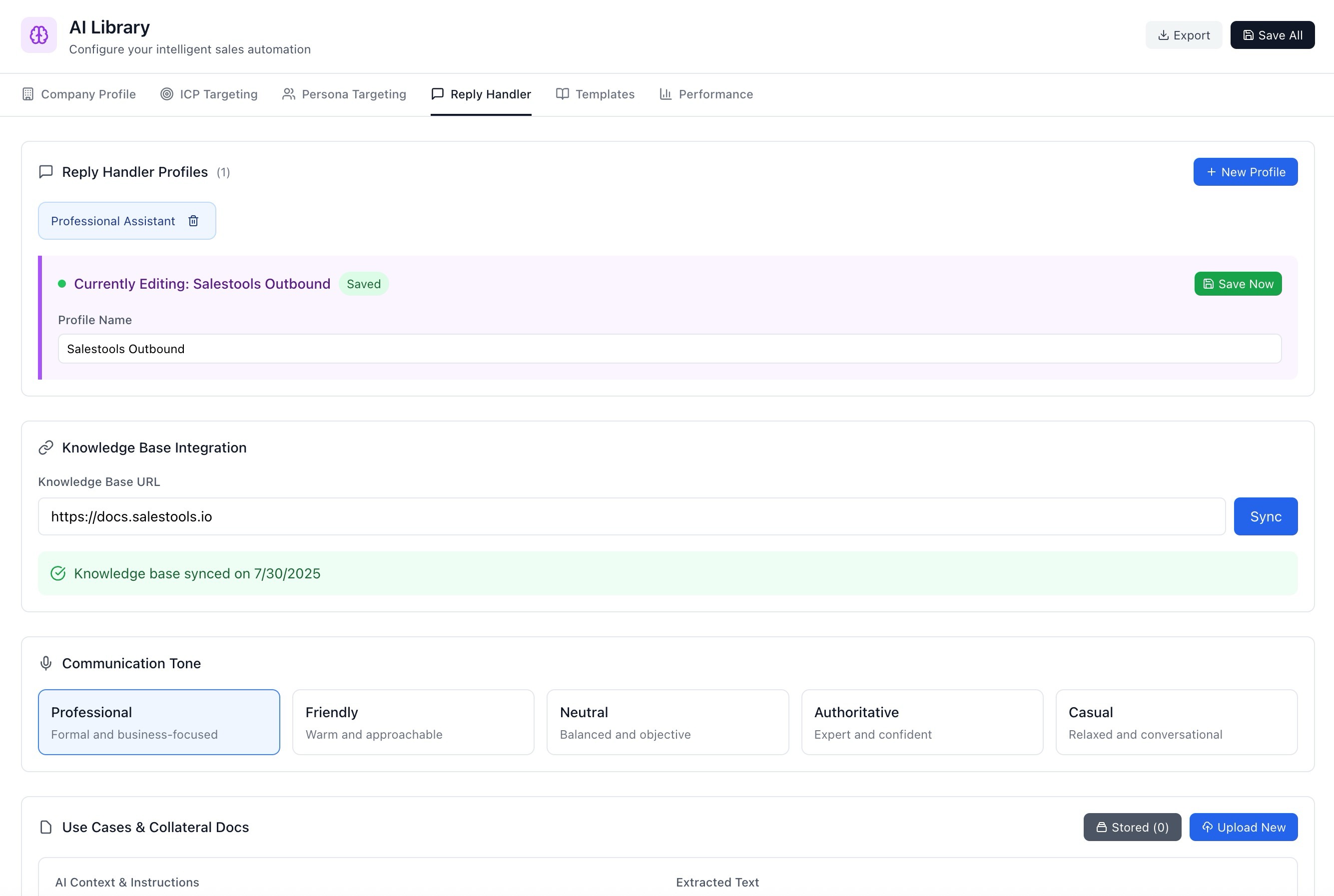 Reply Handler configuration — profiles, knowledge base and communication tone